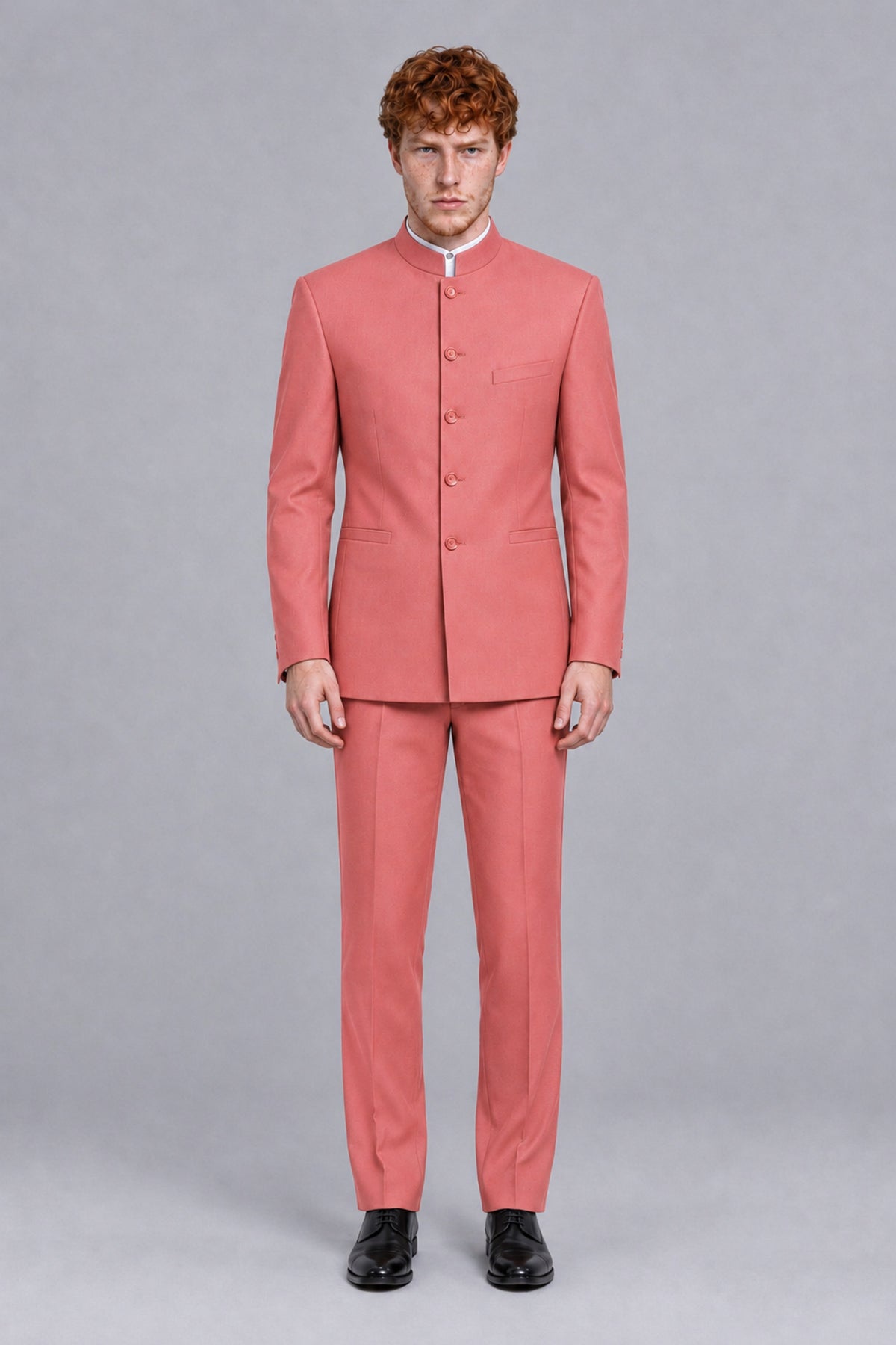 BOLODOO Men's Coral Mandarin Collar Two-Piece Suit - Coral - Coral_2
