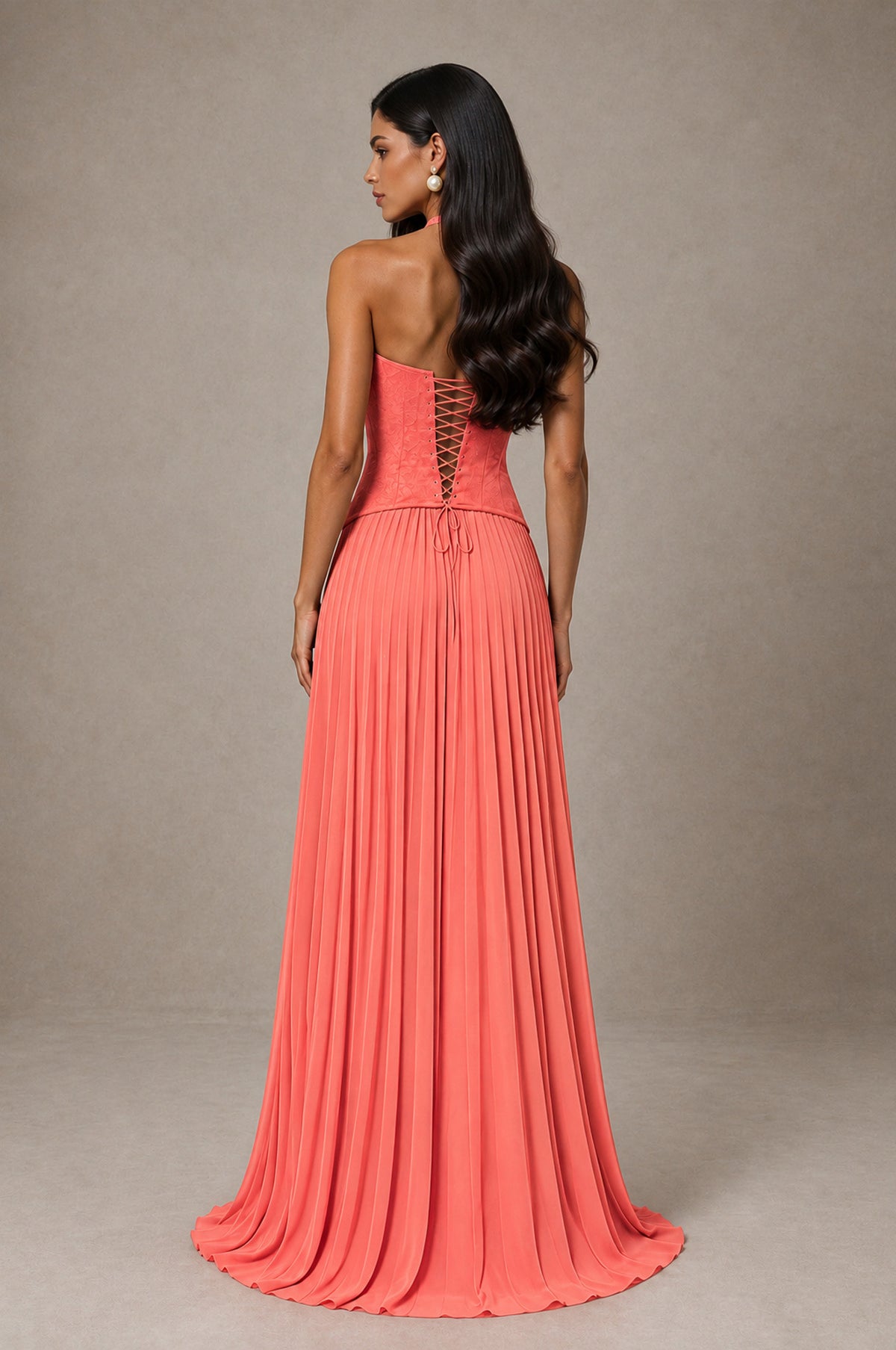 BOLODOO Coral Halter Corset Pleated A-Line Evening Dress - Coral - Coral_2
