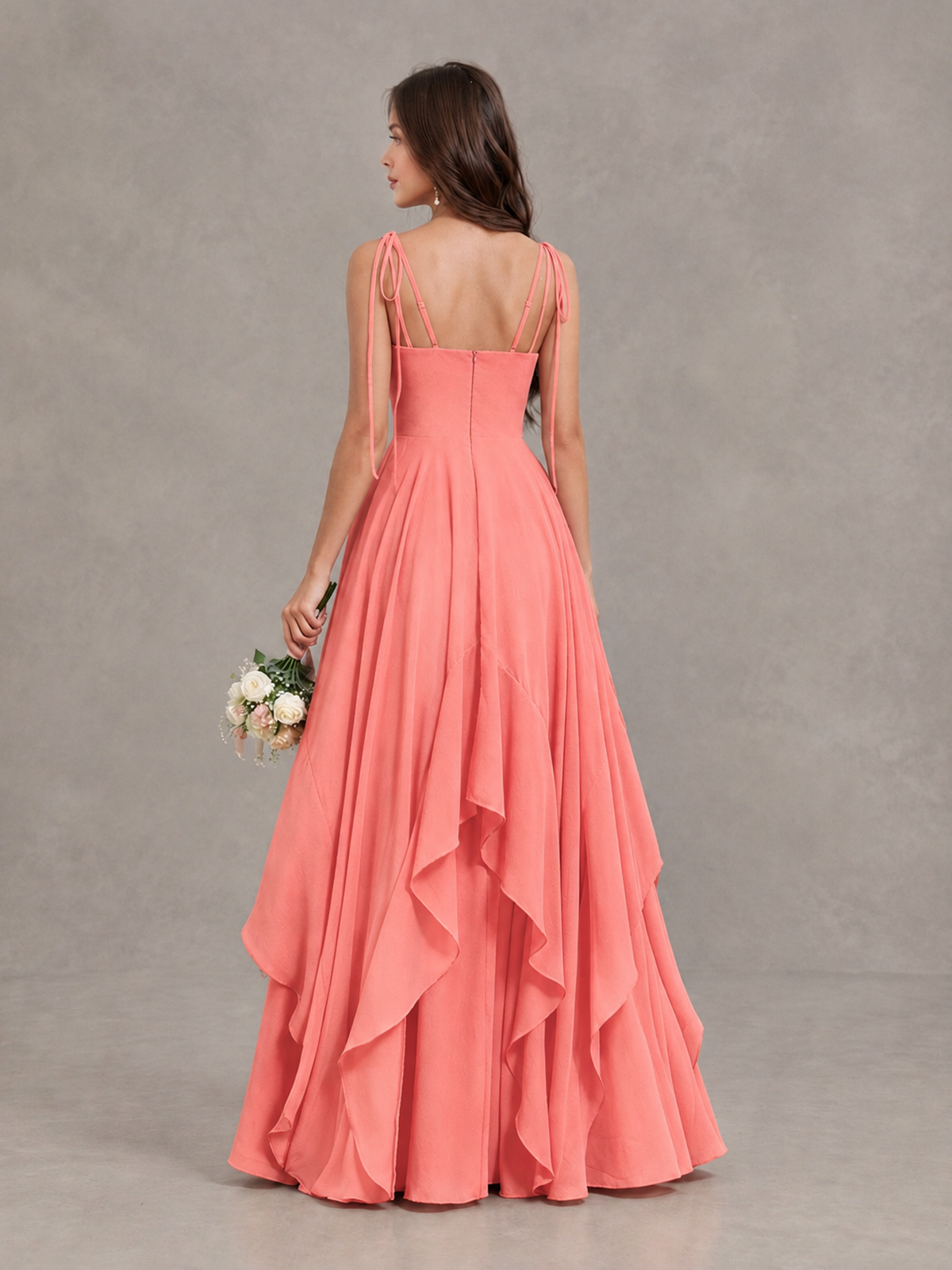 BOLODOO Coral Tie-Strap Ruffle A-Line Bridesmaid Dress - Coral - Coral_2