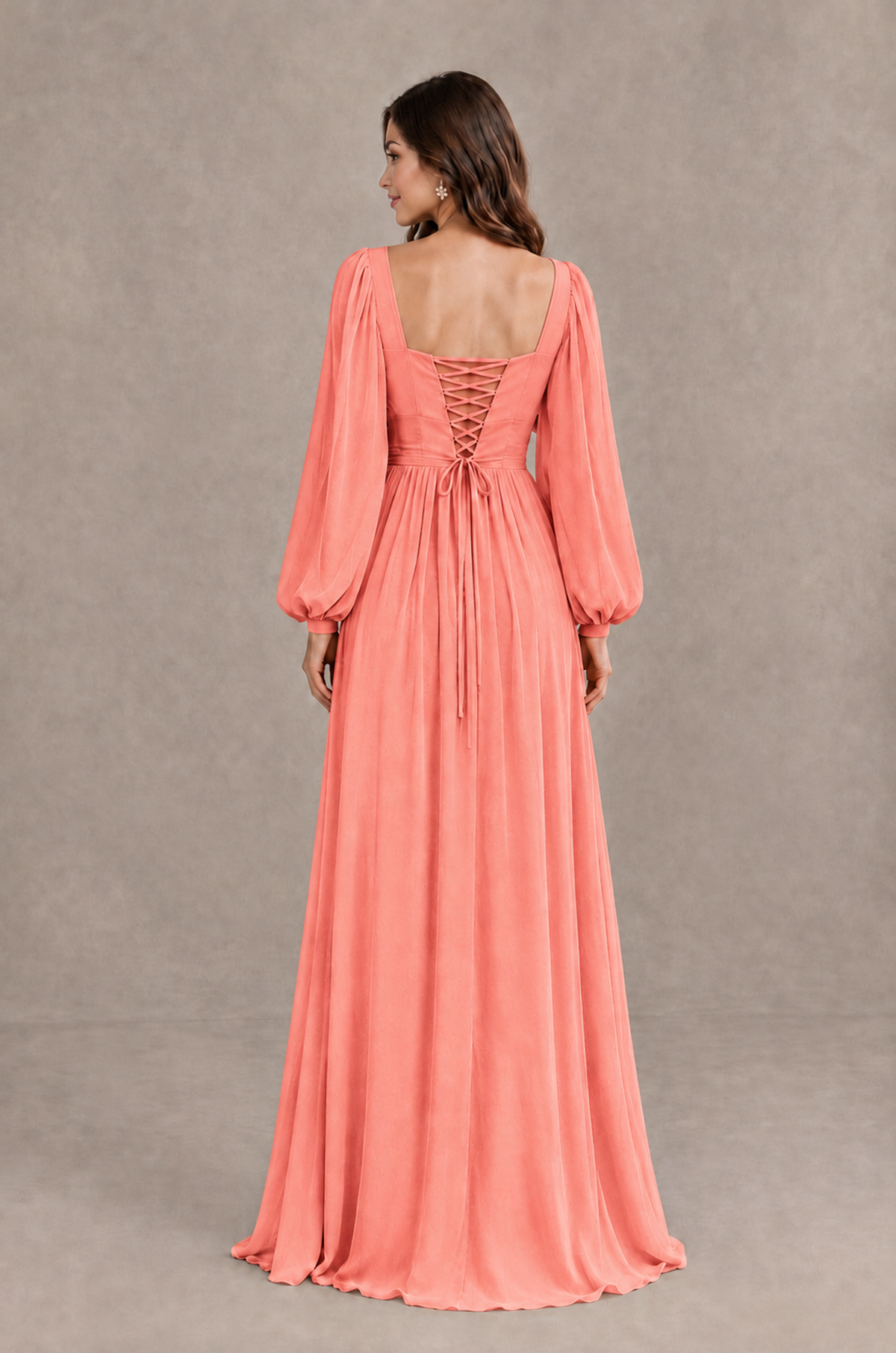 BOLODOO Coral Long Sleeve V-Neck A-Line Bridesmaid Dress - Coral - Coral_2