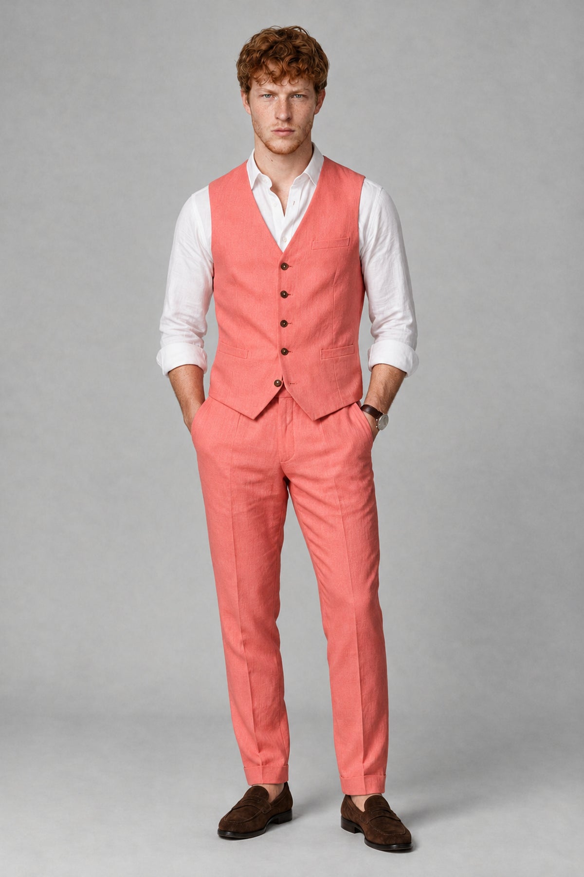 Bolodoo Men's Coral 2-Piece Vest and Pants Set with V-Neck Waistcoat - Coral - Coral_2