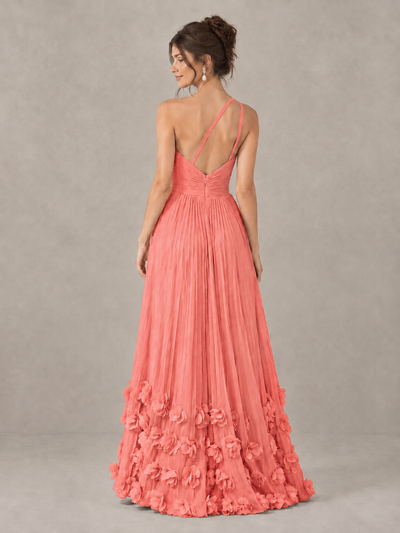 BOLODOO Coral One-Shoulder Pleated Bridesmaid Dress with 3D Floral Hem - Coral - Coral_2