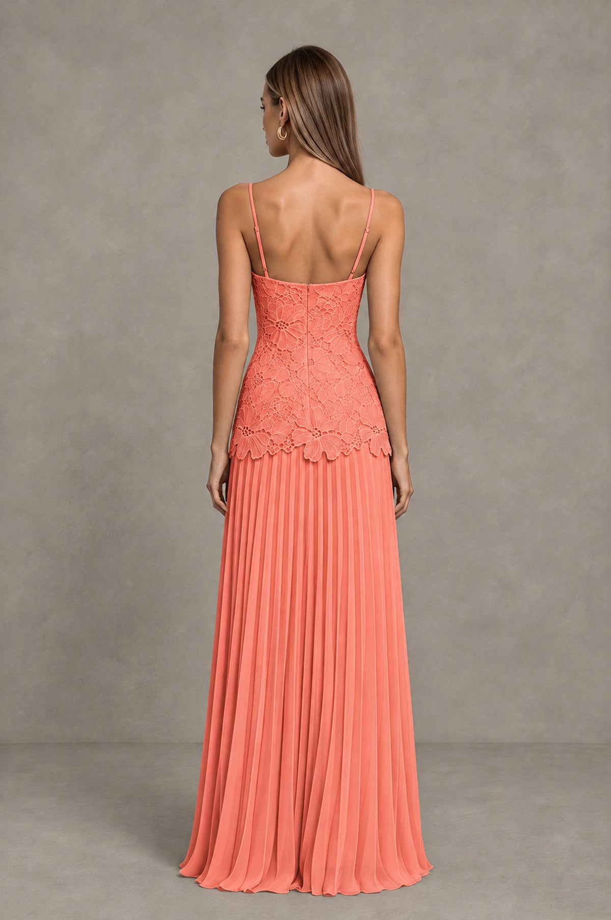 BOLODOO Coral Lace Bodice Pleated Wedding Guest Dress - Coral - Coral_2
