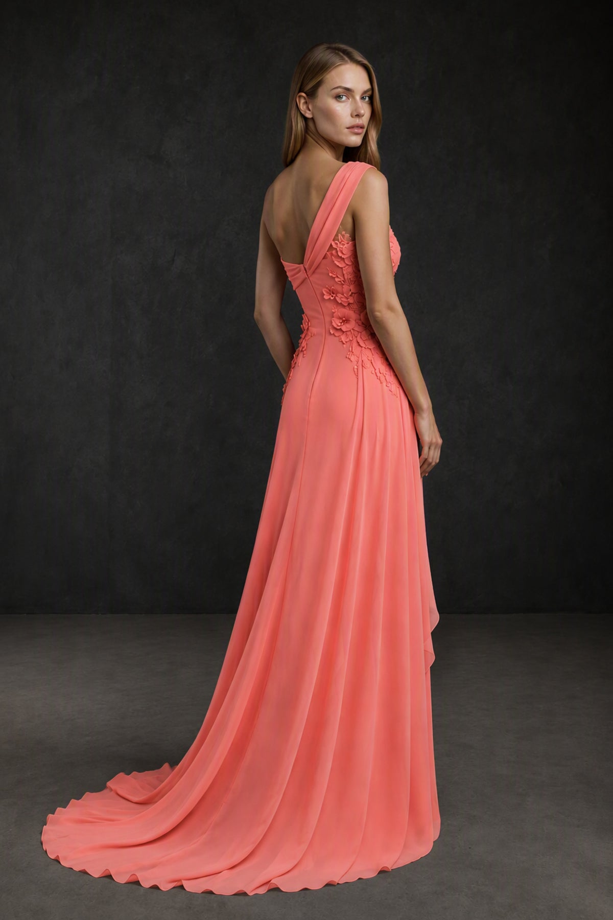BOLODOO Coral One-Shoulder 3D Floral Appliqué Chiffon Gown with Open Back - Coral