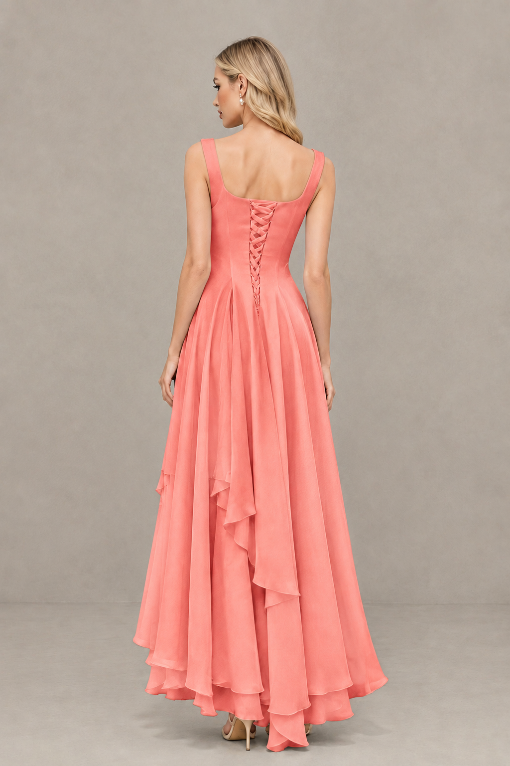 BOLODOO Coral Square Neck Chiffon Bridesmaid Dress with Lace-Up Back - Coral