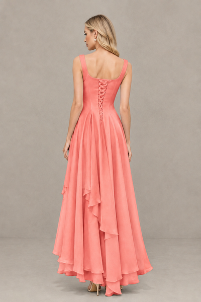 BOLODOO Coral Square Neck Chiffon Bridesmaid Dress with Lace-Up Back - Coral