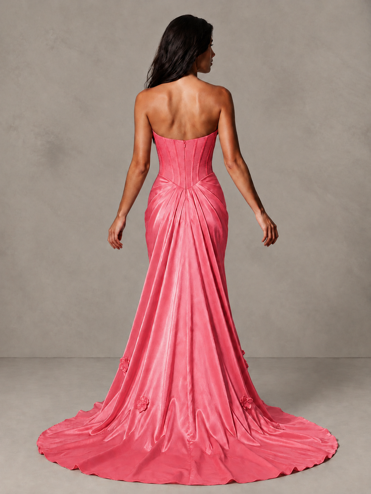 BOLODOO Coral Strapless Floral Corset Evening Gown with Train - Coral - Coral_2