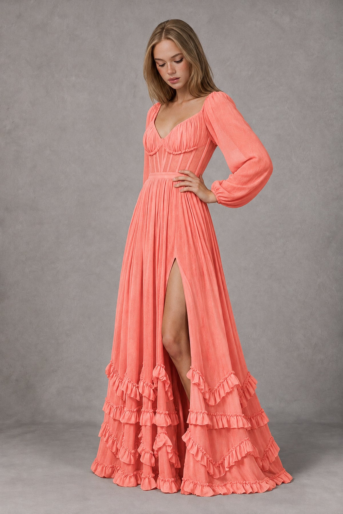 Coral Long-Sleeve Ruffle Maxi Dress with Lace-Up Back and Slit - Coral