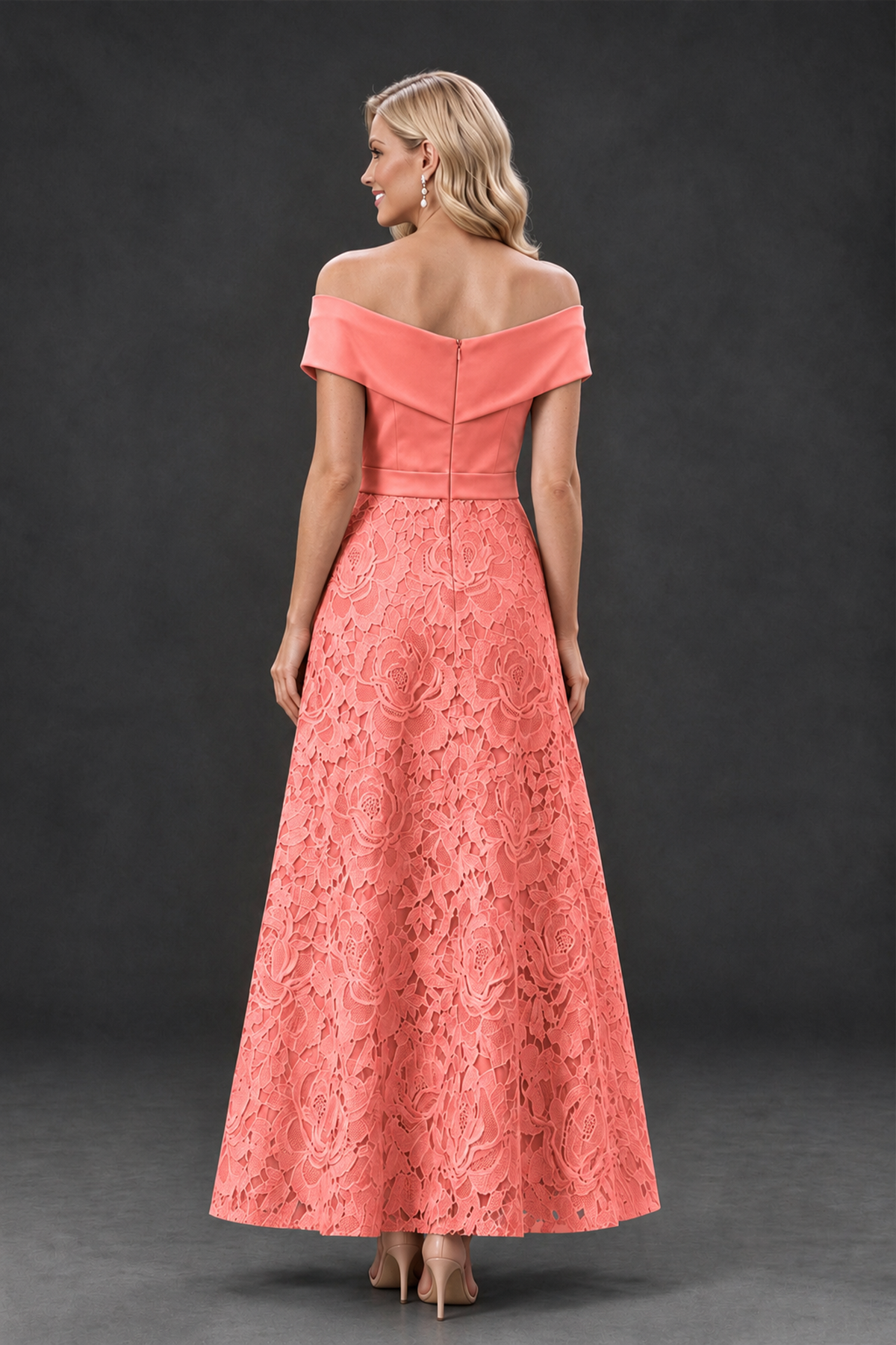 BOLODOO Coral Off-the-Shoulder Floral A-Line Mother of the Bride Dress - Coral - Coral_2