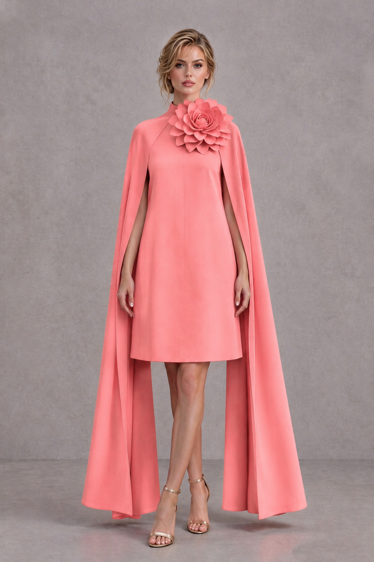 BOLODOO Coral High Neck Floral Cape Mini Cocktail Dress - Coral - Coral_2