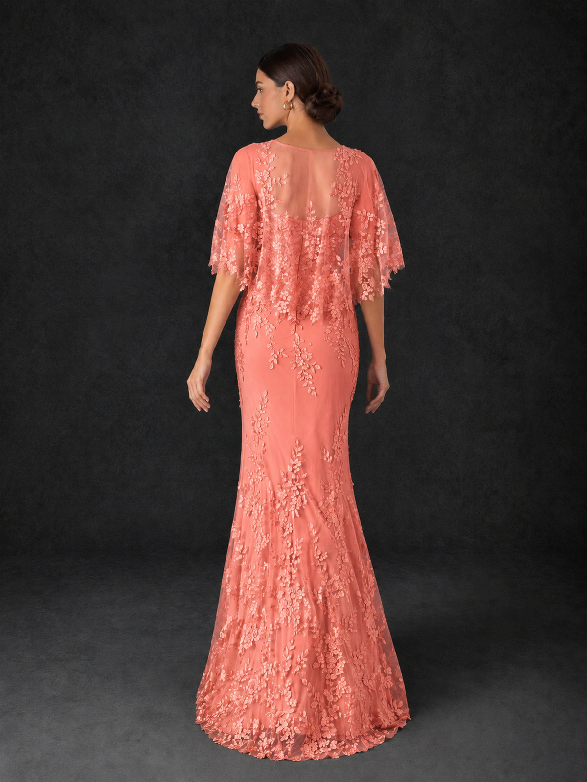 BOLODOO Mocha Coral Botanical Lace Flutter Sleeve Mermaid Gown - Coral