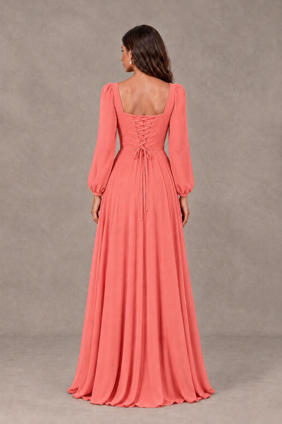 BOLODOO Coral Square Neck Long Sleeve A-Line Bridesmaid Dress - Coral - Coral_2