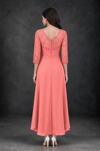 BOLODOO Coral Sequin Lace & Chiffon Tea-Length Mother of the Bride Dress with 3/4 Sleeves - Coral - Coral_2