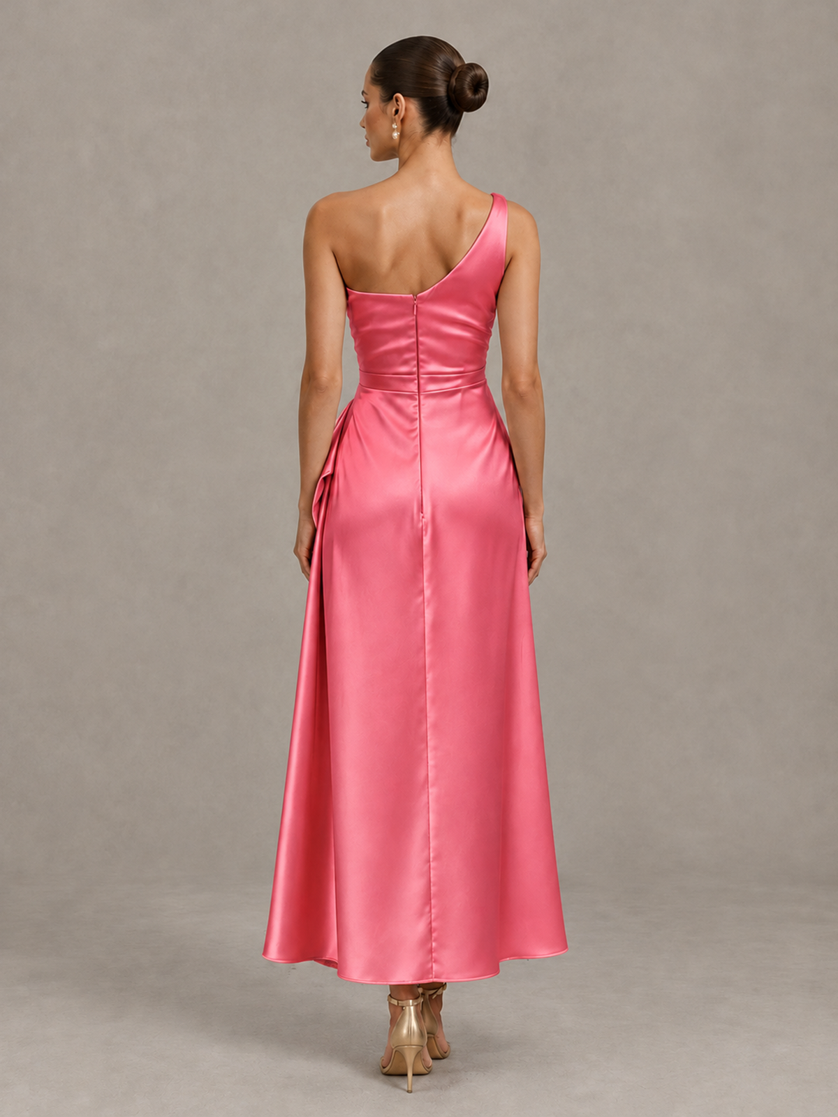 BOLODOO Coral One Shoulder Satin Cocktail Dress with Draped A-Line Skirt - Coral - Coral_2