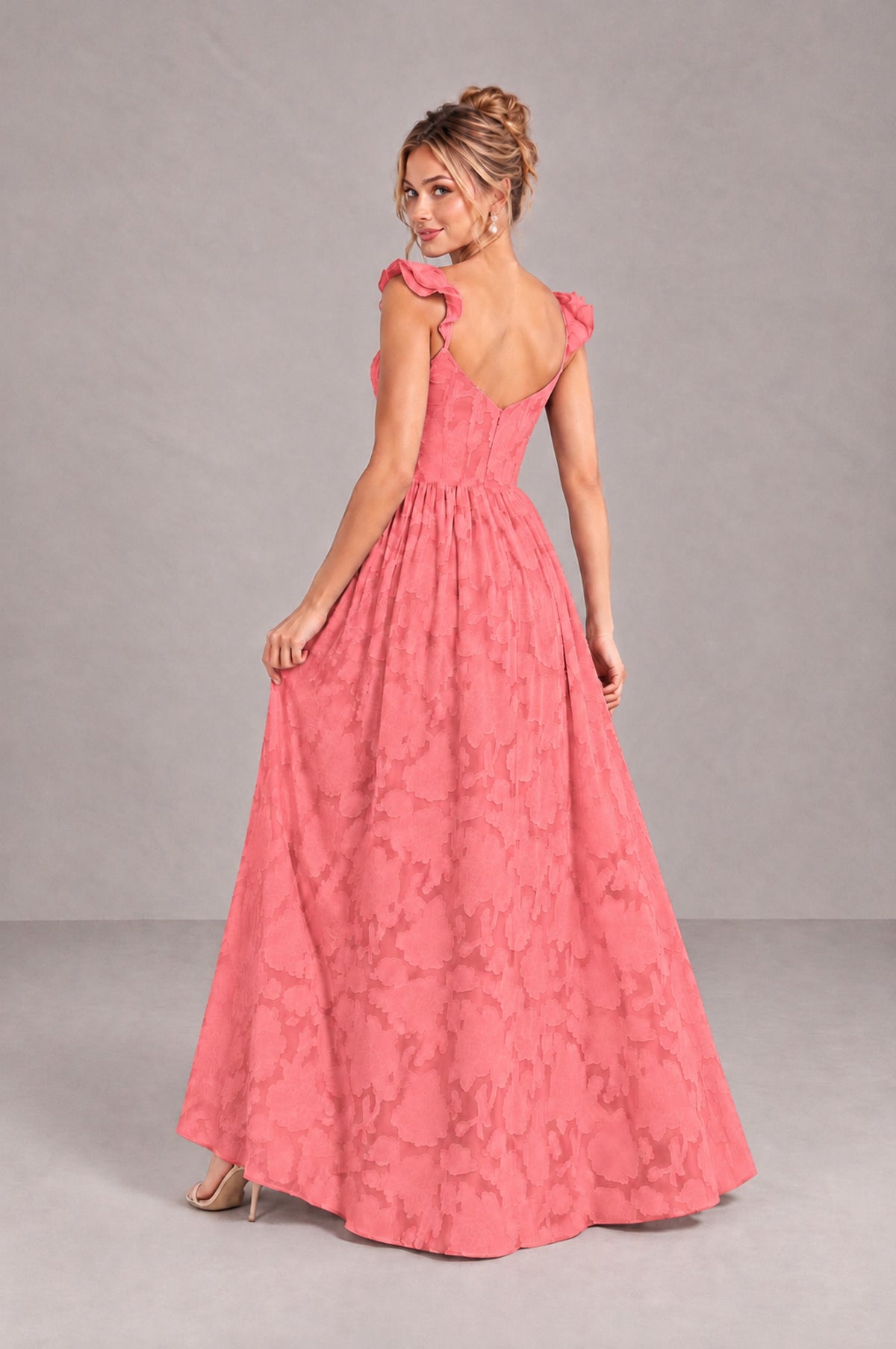 BOLODOO Coral Floral A-Line Bridesmaid Dress with Slit Ruffle Straps Maxi Gown - Coral - Coral_2