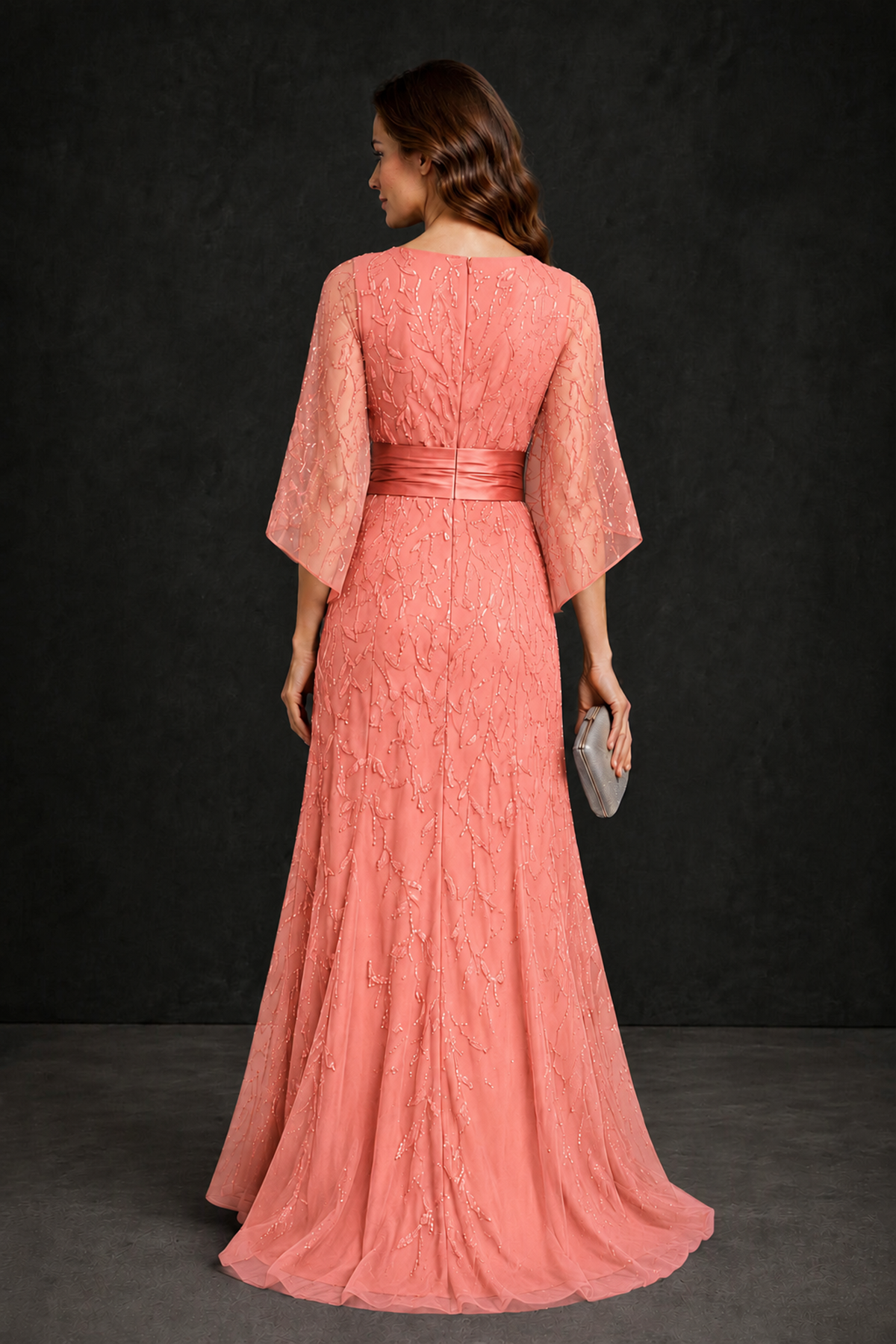 BOLODOO Coral Bateau Neck Bell Sleeve Sequin Embroidered Satin Waist A-Line Maxi Dress - Coral - Coral_2