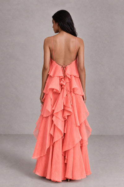 BOLODOO Coral Cascading Ruffle Rosette Open-Back Maxi Dress - Coral - Coral_2