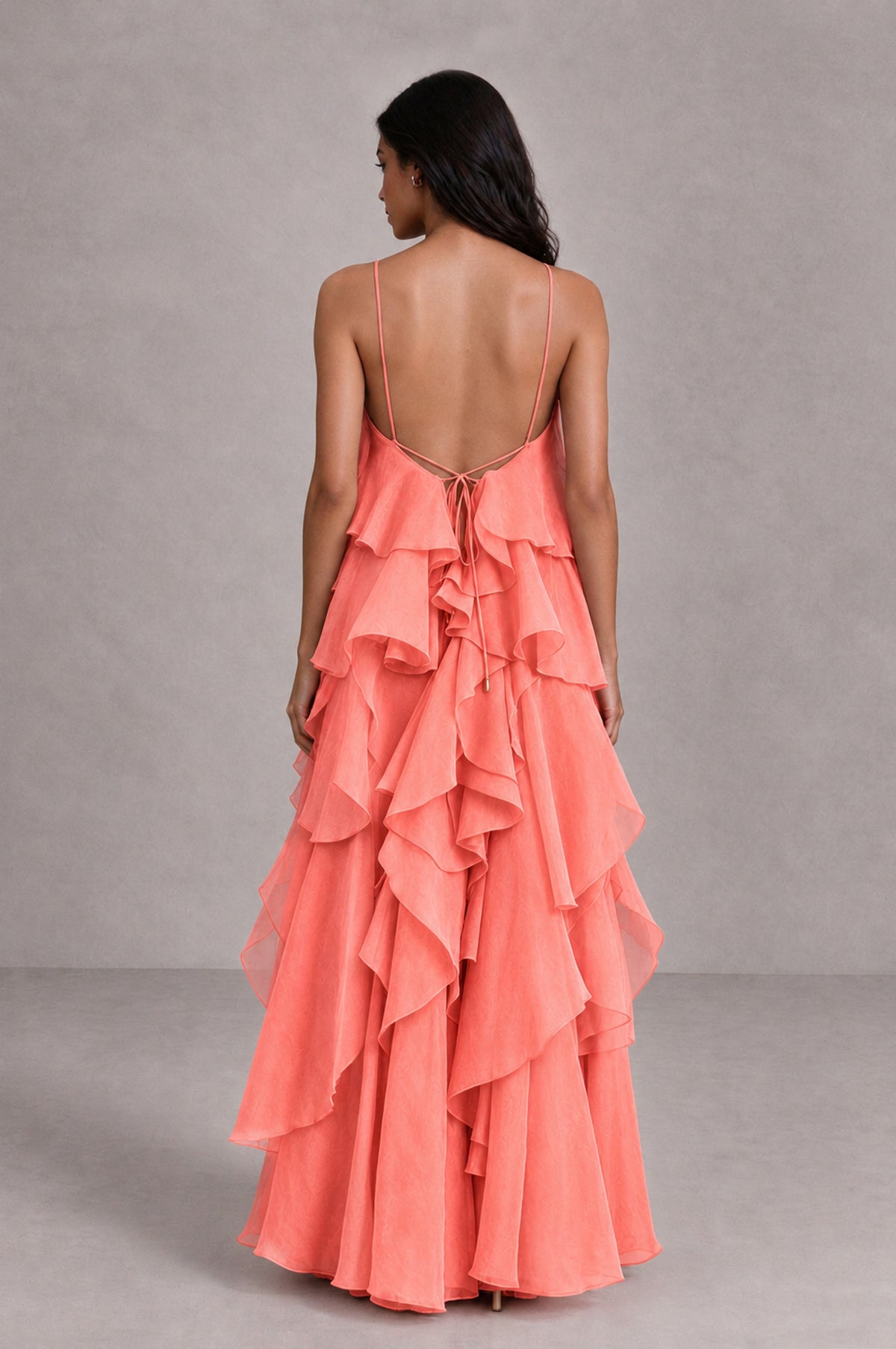 BOLODOO Coral Cascading Ruffle Rosette Open-Back Maxi Dress - Coral - Coral_2
