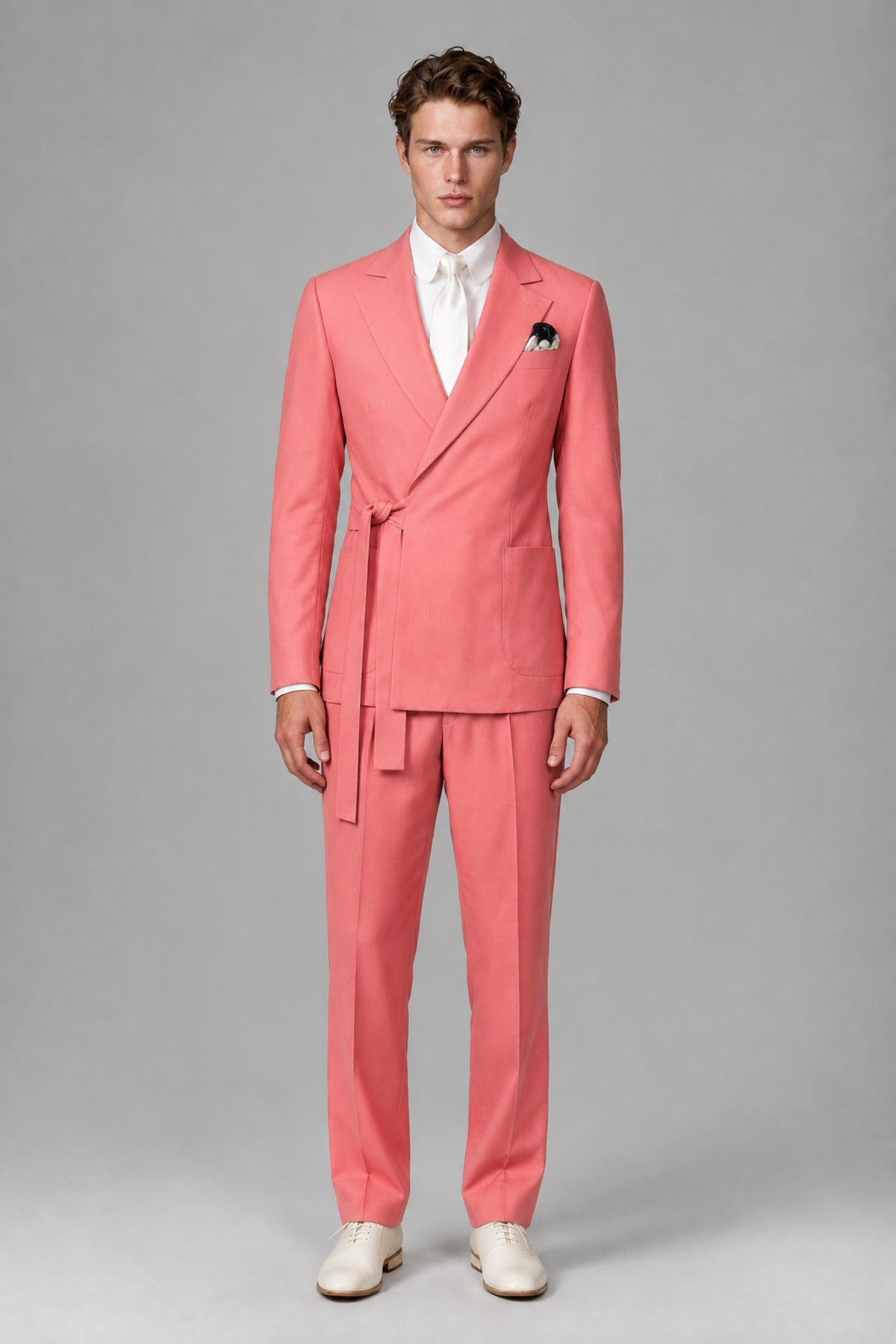 Bolodoo Men's Coral Wrap Tie-Waist Two-Piece Suit – Jacket & Trousers - Coral - Coral_2