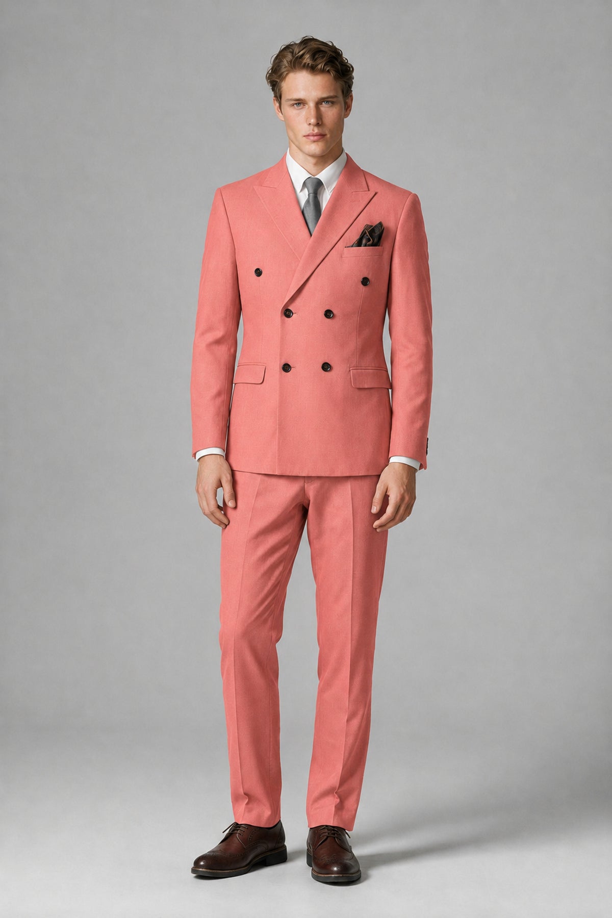 Bolodoo Men's Coral Double-Breasted Two-Piece Suit with Peak Lapels - Coral - Coral_2