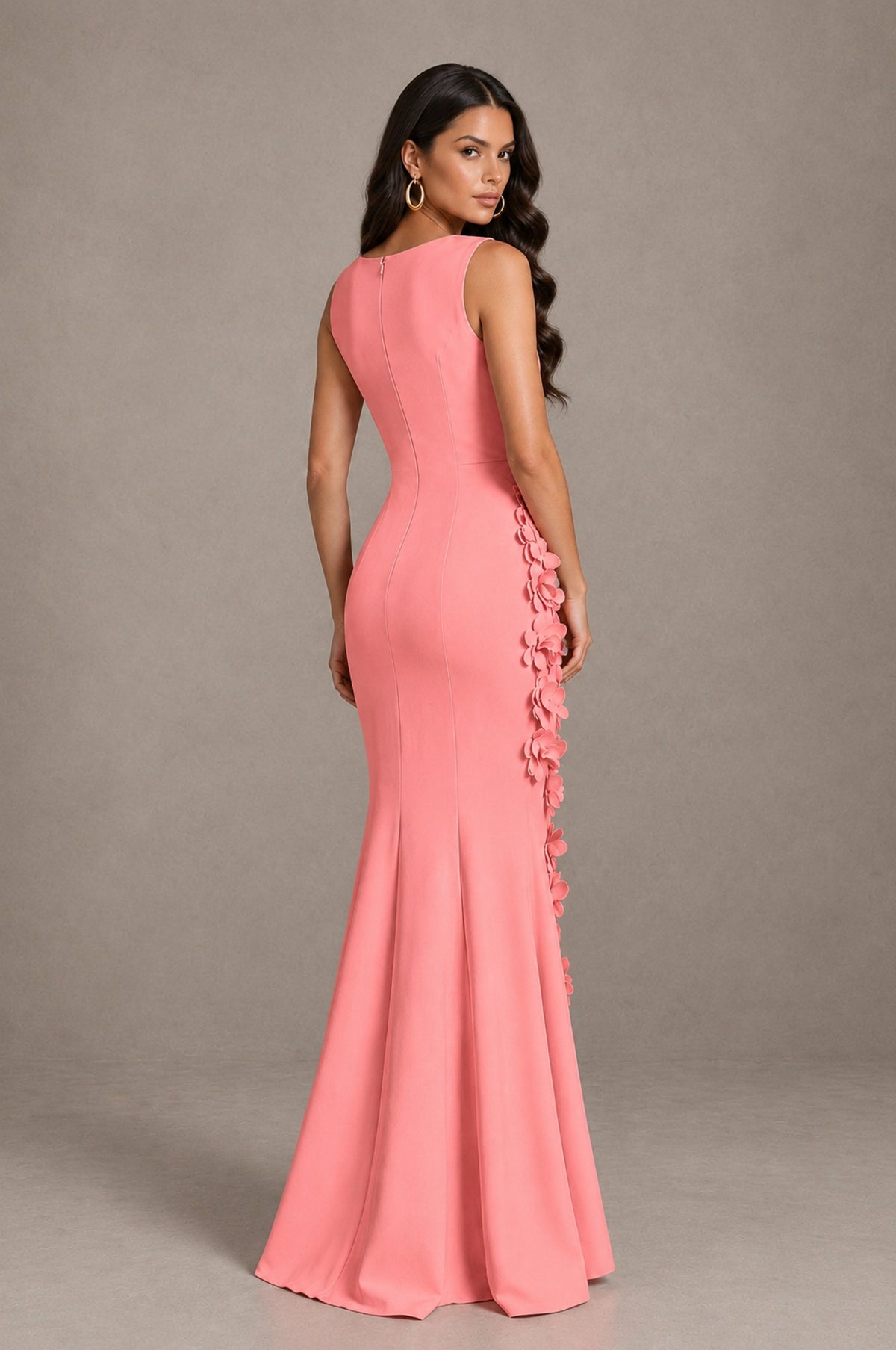 BOLODOO Coral Bateau Neck Sleeveless Asymmetric Peplum 3D Petal Appliqué Mermaid Gown BD0421 - Coral - Coral_2