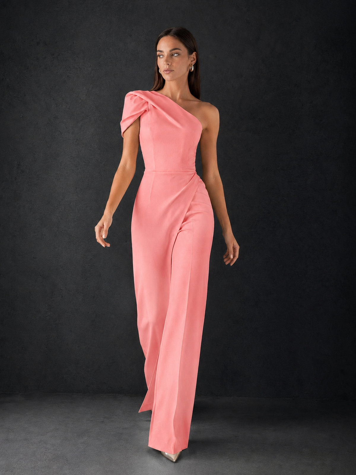 BOLODOO Coral One-Shoulder Puff Sleeve Wide-Leg Jumpsuit with Front Slit and Open Back - Coral