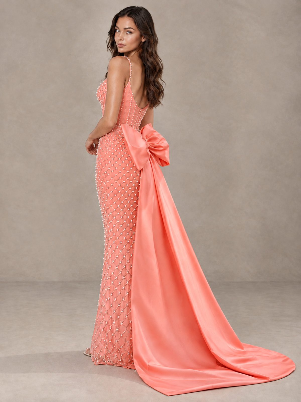 BOLODOO Coral Beaded Corset Prom Dress with Bow Train - Coral - Coral_2