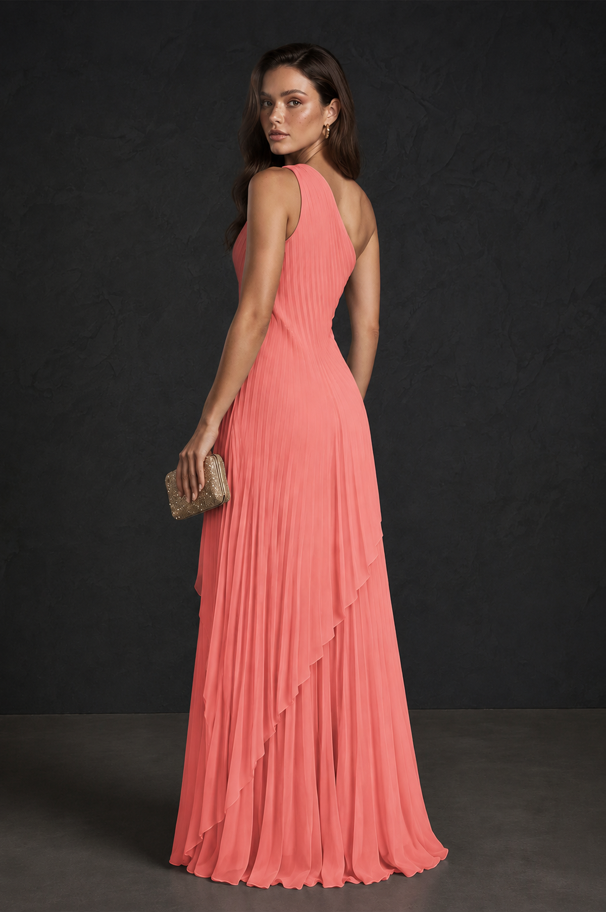 BOLODOO Coral One-Shoulder Sunburst Pleated Asymmetric Layered Overlay Accordion Pleated Chiffon Maxi Dress - Coral