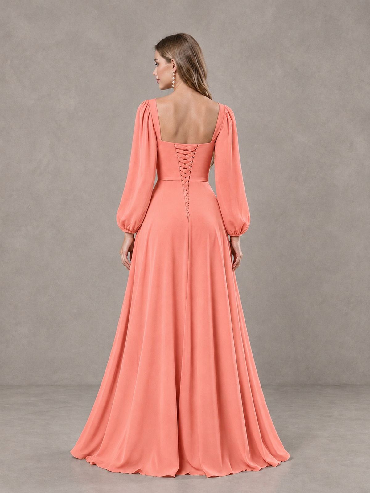 BOLODOO Coral Square Neck Long Sleeve Bridesmaid Dress with Ruffle Slit - Coral - Coral_2