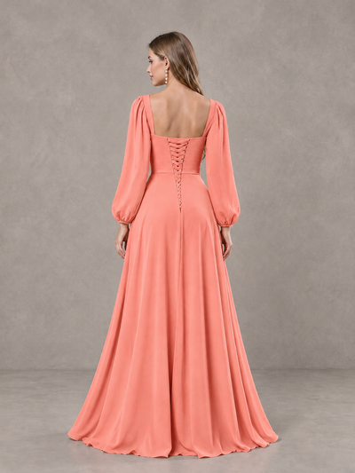 BOLODOO Coral Square Neck Long Sleeve Bridesmaid Dress with Ruffle Slit - Coral - Coral_2