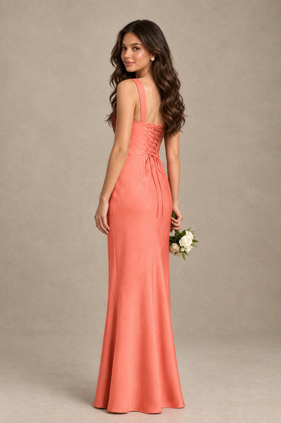 BOLODOO Coral Square Neck Ruched Satin Lace-Up Bridesmaid Dress - Coral - Coral_2
