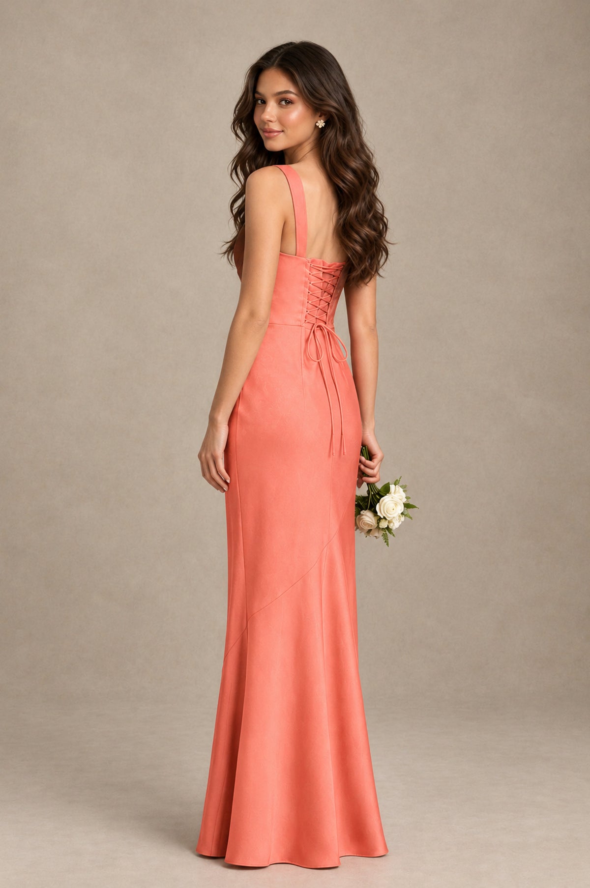 BOLODOO Coral Square Neck Ruched Satin Lace-Up Bridesmaid Dress - Coral - Coral_2
