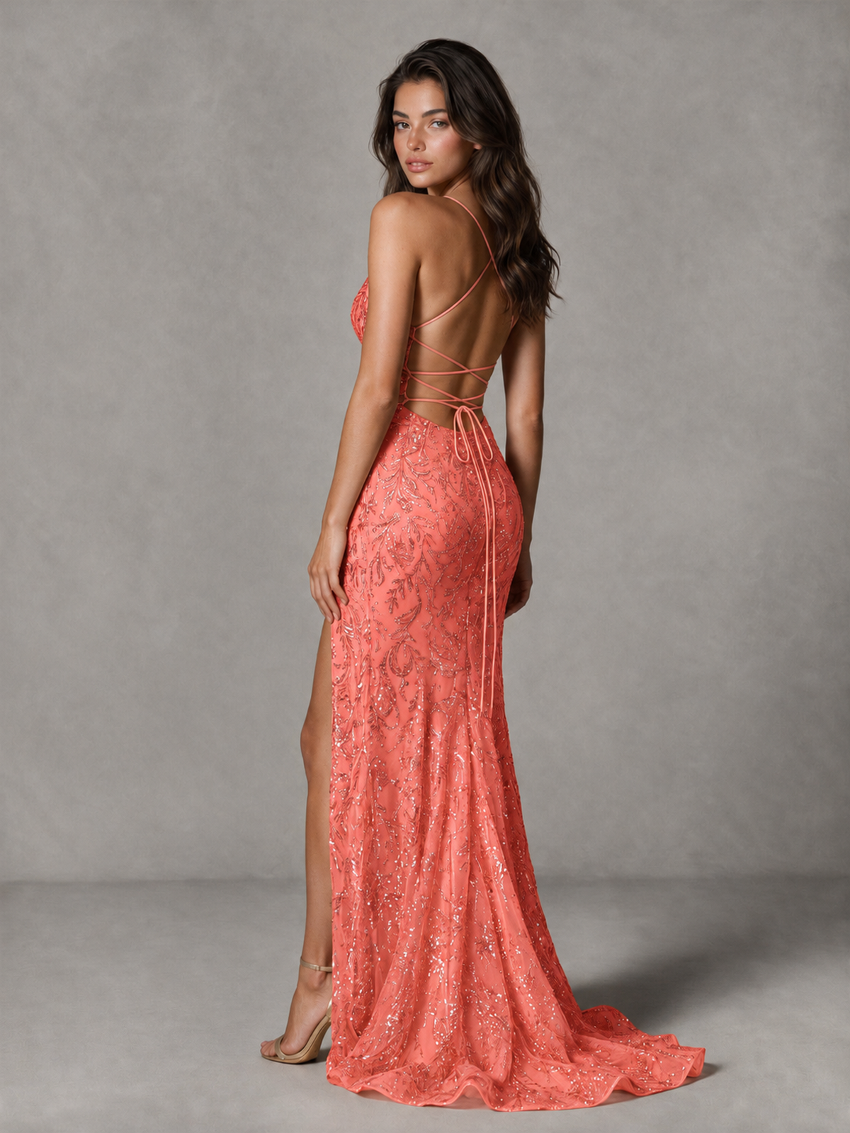 BOLODOO Coral Sequin Prom Dress with Lace-Up Back and High Slit - Coral - Coral_2