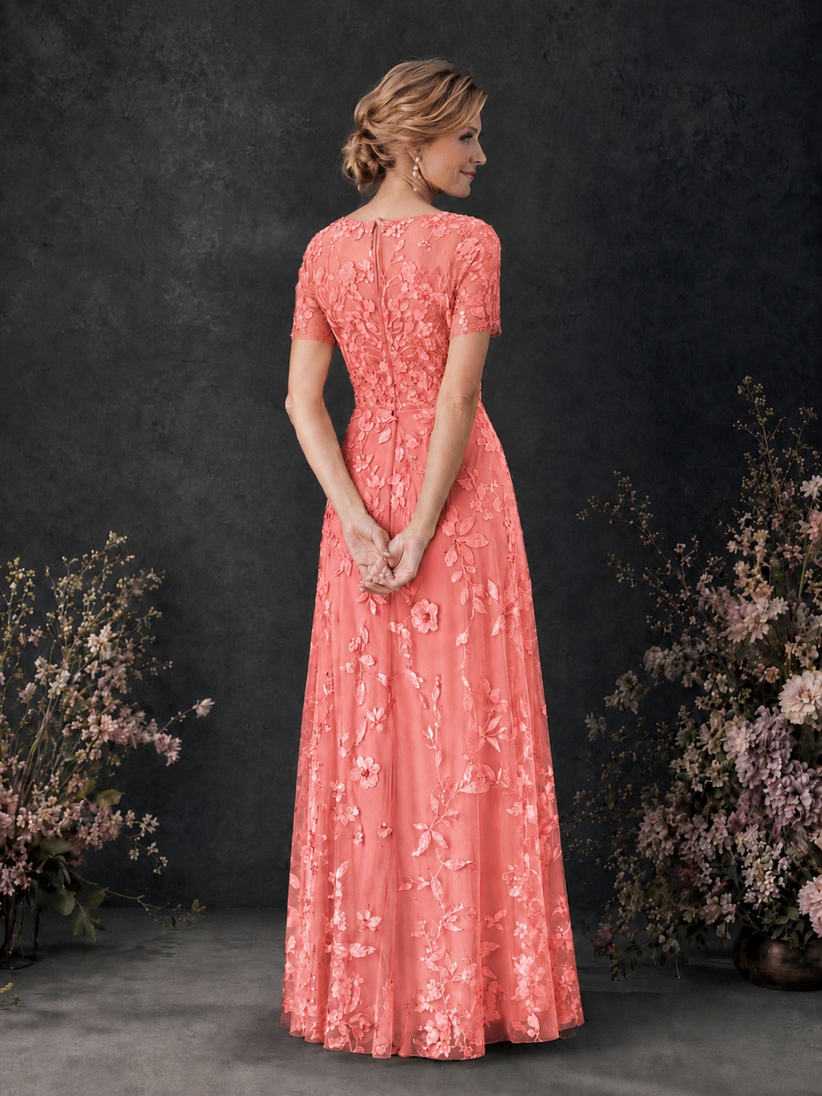BOLODOO Coral 3D Floral Embroidered Lace V-Neck Short Sleeve A-Line Maxi Dress - Coral
