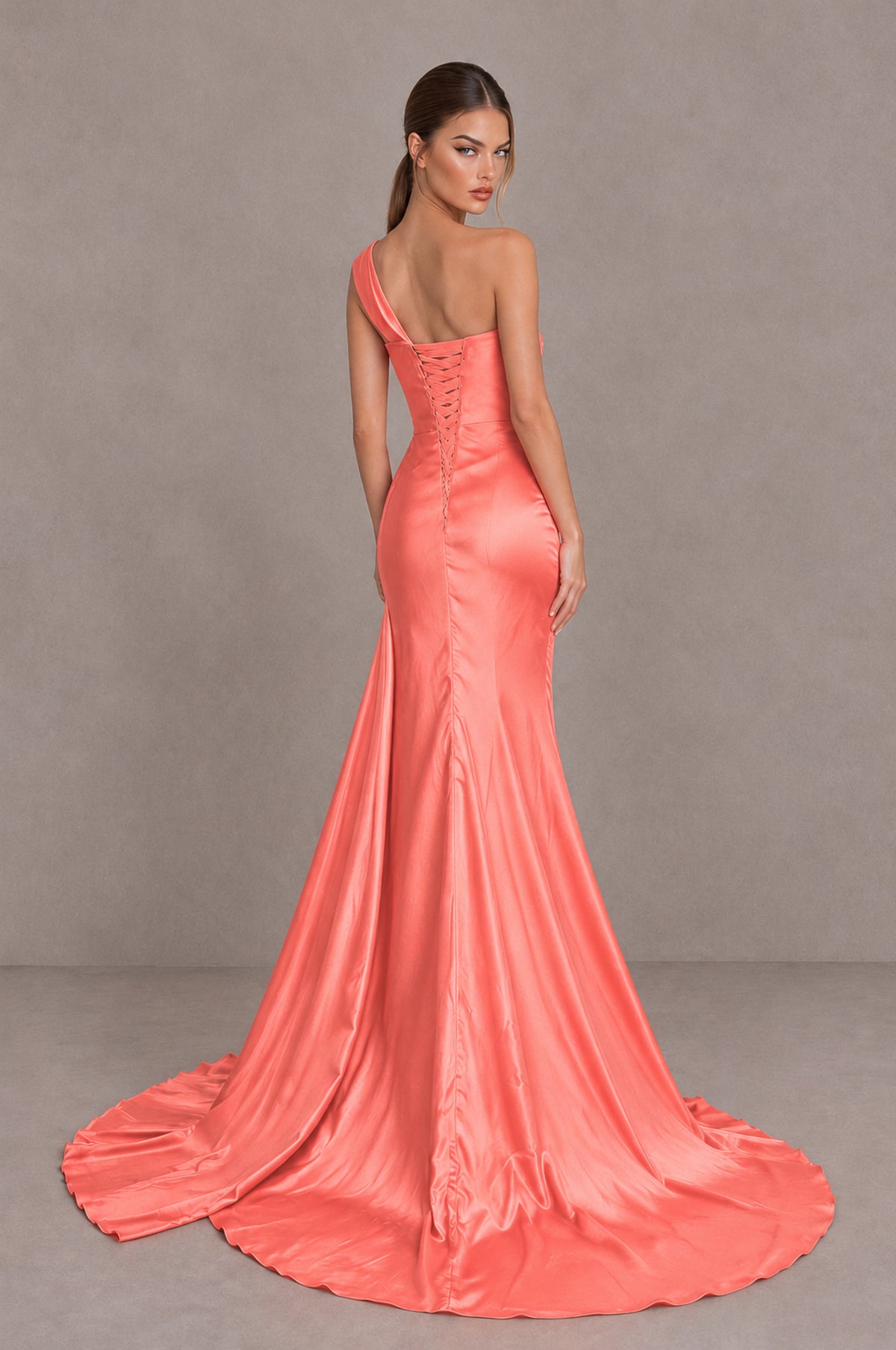 BOLODOO Coral One Shoulder Satin Mermaid Evening Dress with Ruched Slit Skirt - Coral - Coral_2