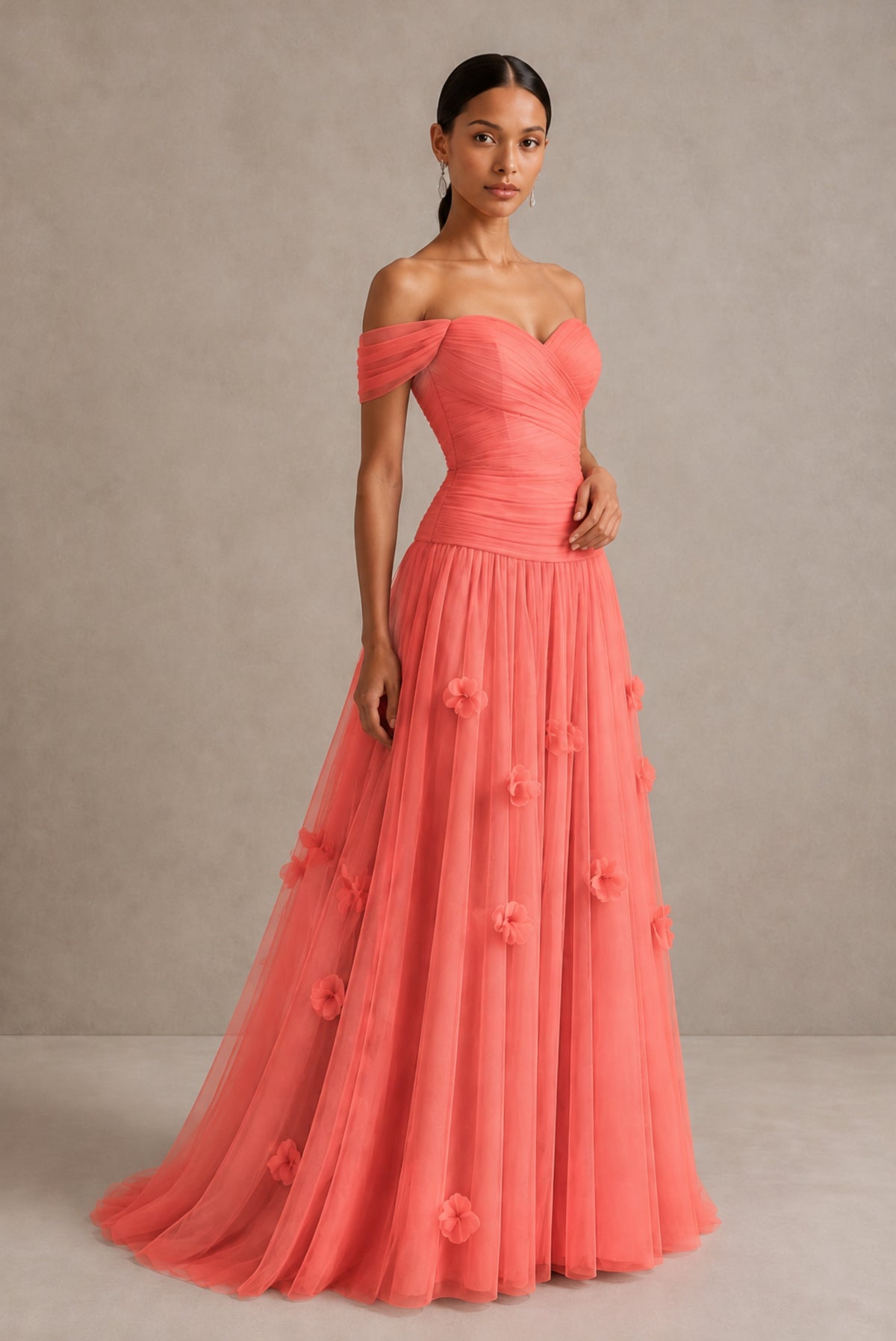 Coral Off-Shoulder Sweetheart A-Line Tulle Gown with 3D Floral Appliques | BOLODOO - Coral