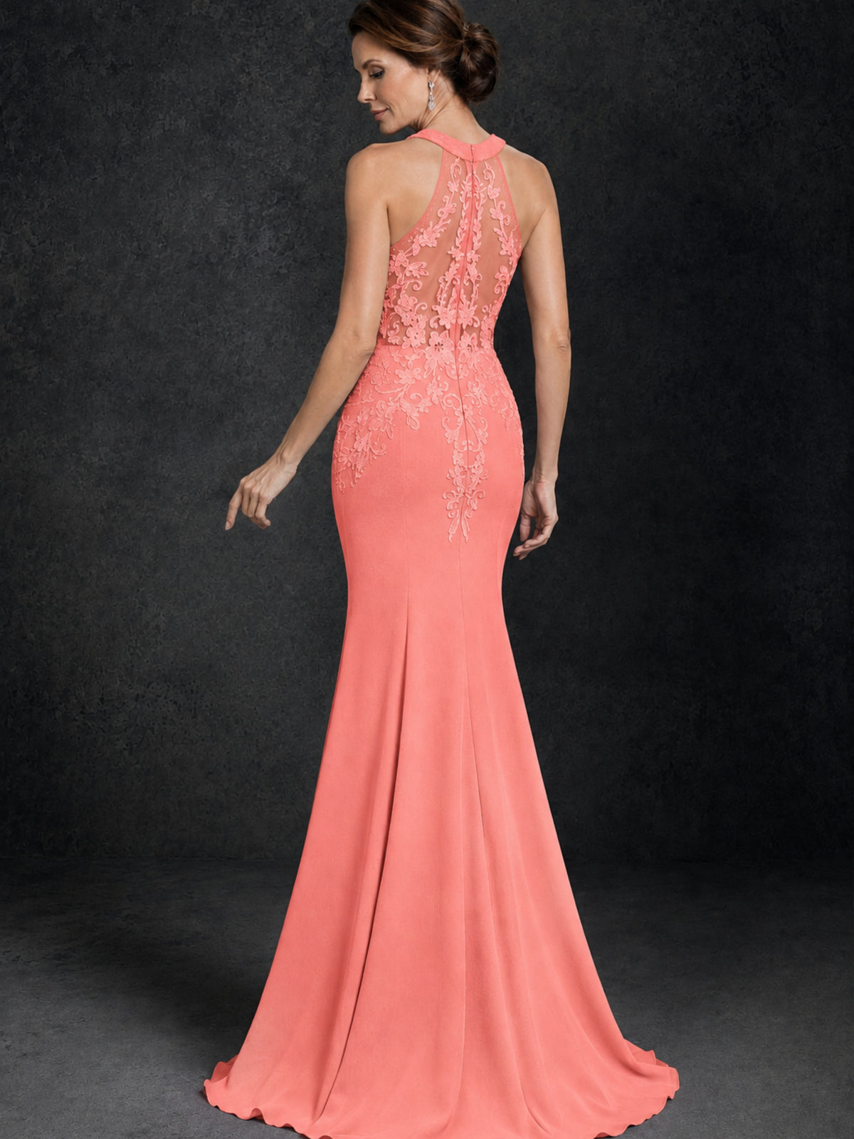 BOLODOO Coral Lace Applique Halter Neck Sheer Back Mermaid Maxi Dress with Sweep Train - Coral