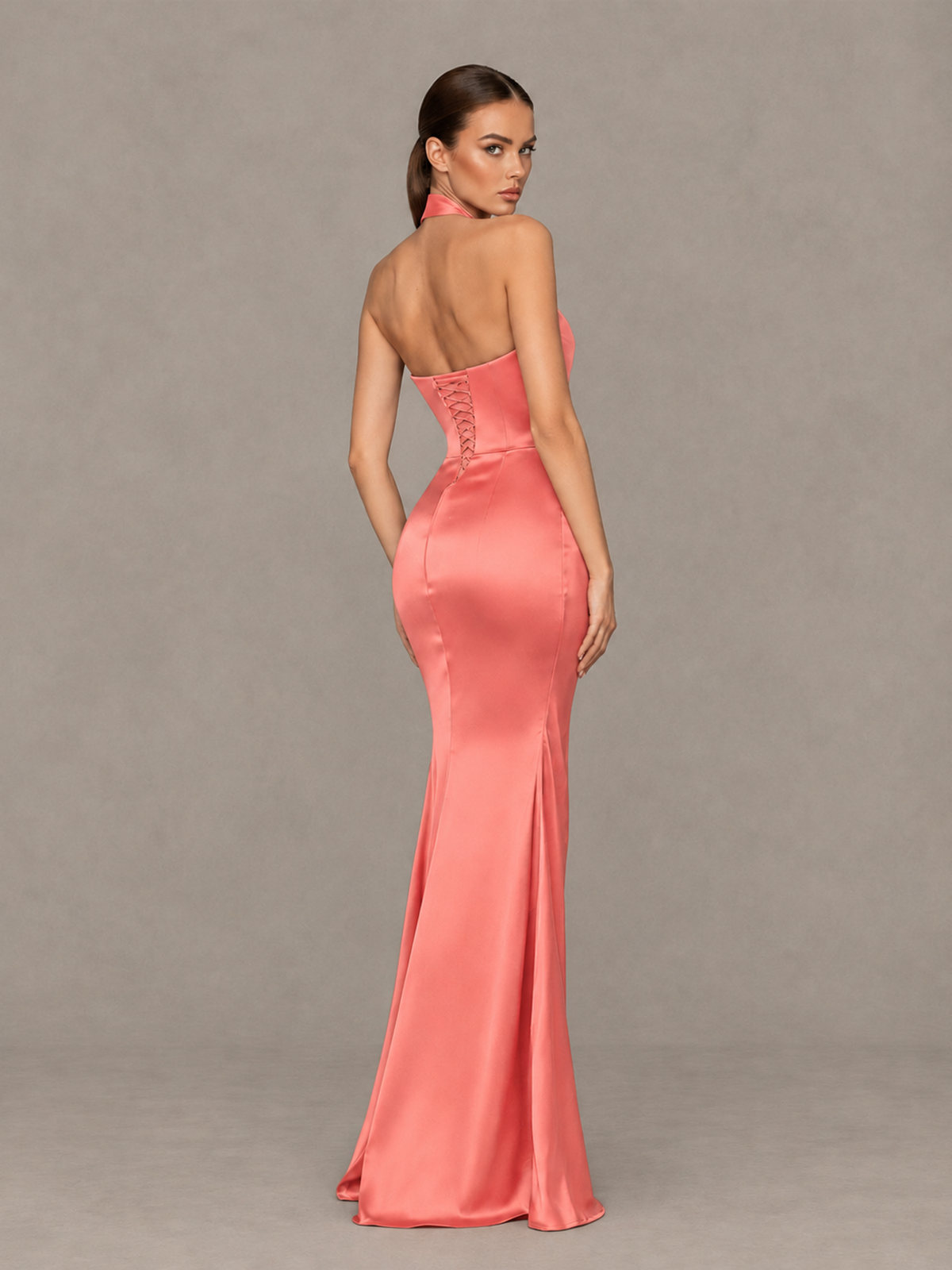 BOLODOO Coral Cross-Halter Ruched Satin-Look Evening Gown with High Slit - Coral - Coral_2