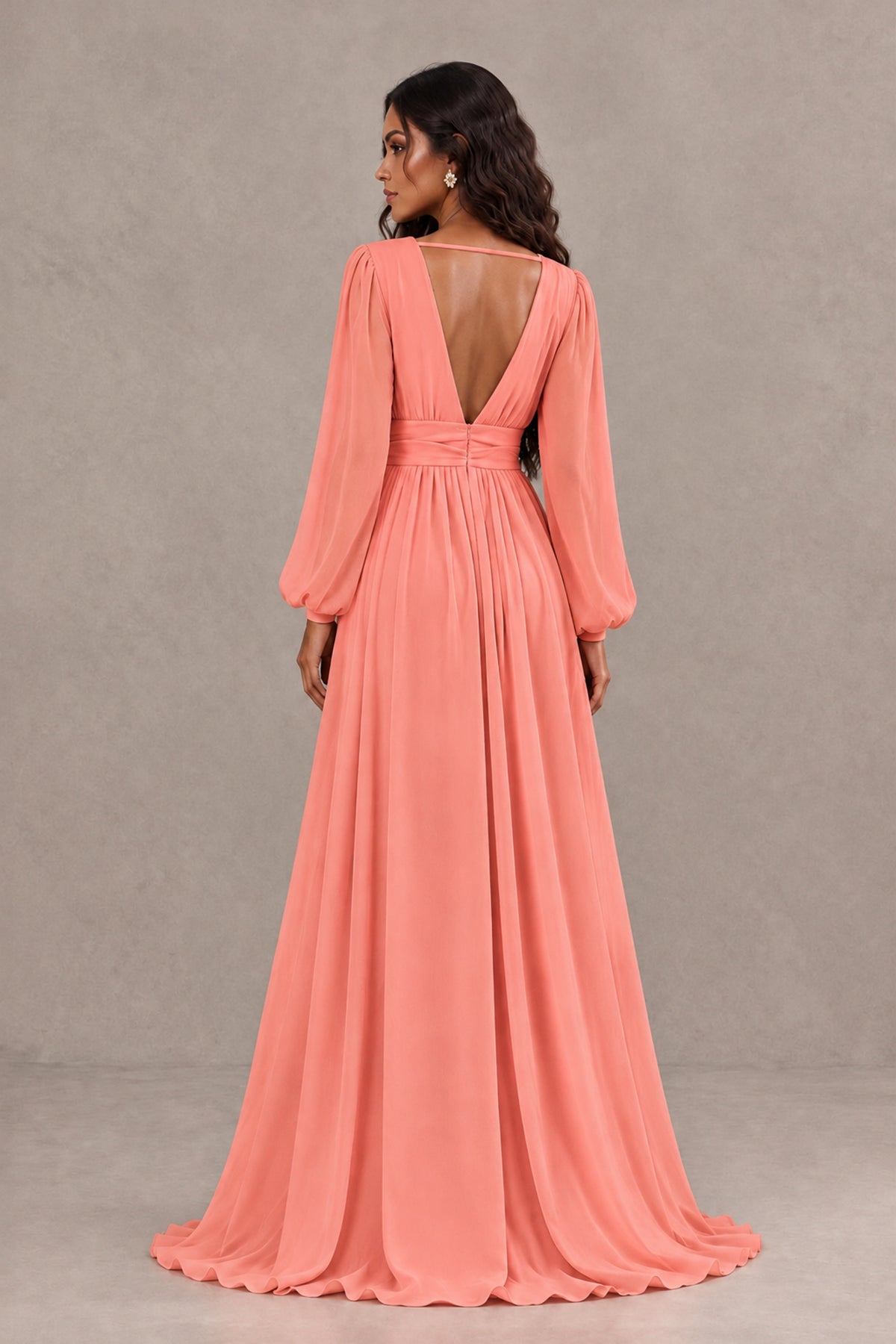 BOLODOO Coral Long Sleeve V-Neck A-Line Gown with Open Back & Slit - Coral - Coral_2