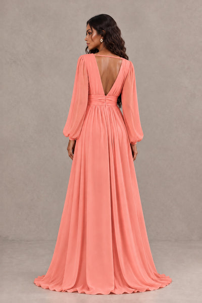 BOLODOO Coral Long Sleeve V-Neck A-Line Gown with Open Back & Slit - Coral - Coral_2