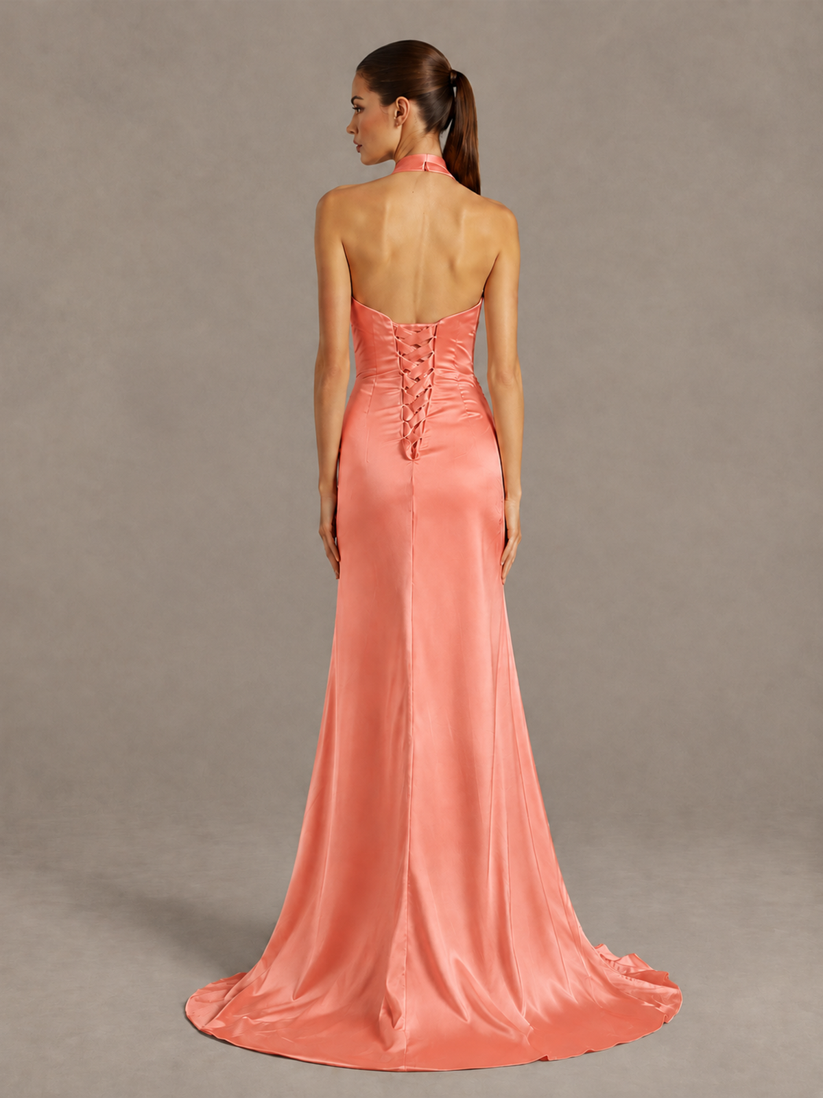 BOLODOO Coral Halter Satin Evening & Prom Dress with High Slit - Coral - Coral_2