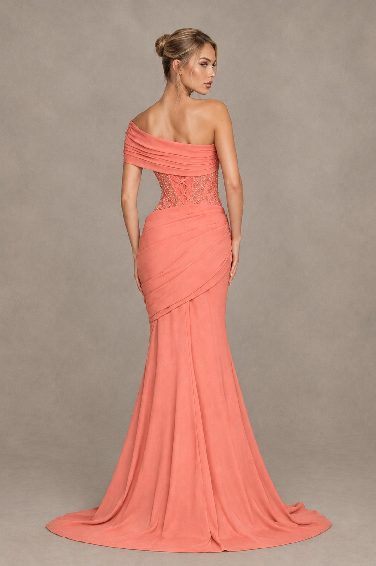 BOLODOO Coral One-Shoulder Sequin Embroidered Ruched Mermaid Gown with Train - Coral - Coral_2