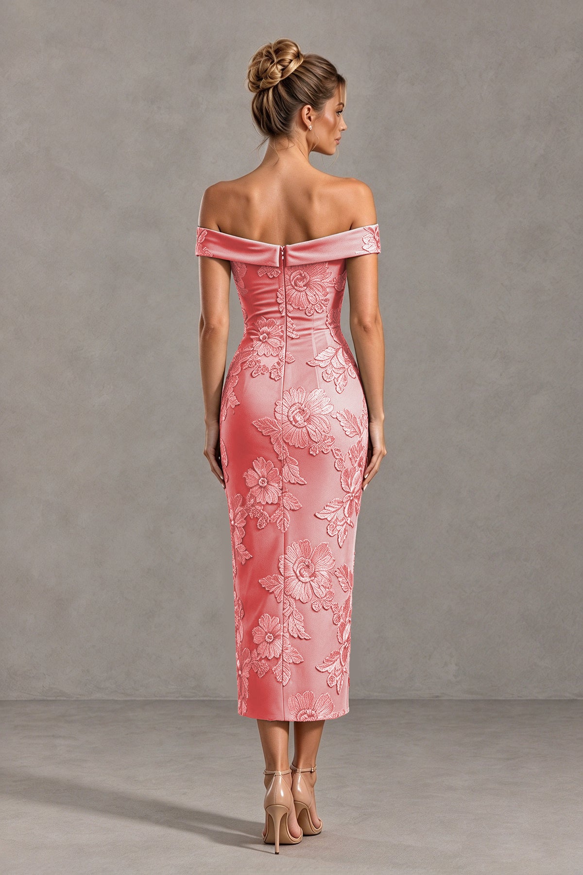 BOLODOO Coral Off Shoulder Floral Jacquard Midi Dress - Coral - Coral(2)