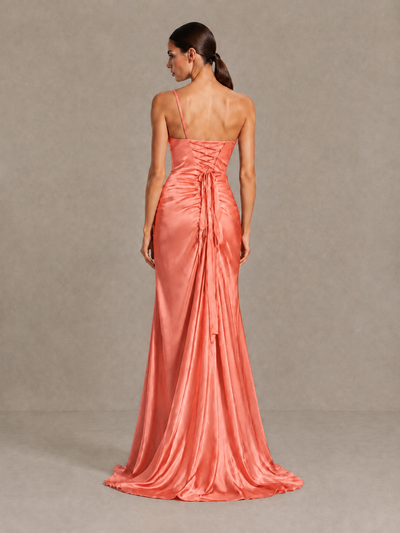 BOLODOO Coral One Shoulder Satin Evening Gown with High Slit and Sweep Train - Coral - Coral_2