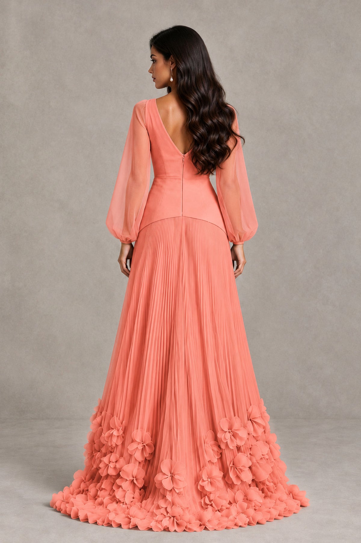 BOLODOO Coral V-Neck Long Sleeve Pleated Floral Hem Evening Dress - Coral - Coral_2
