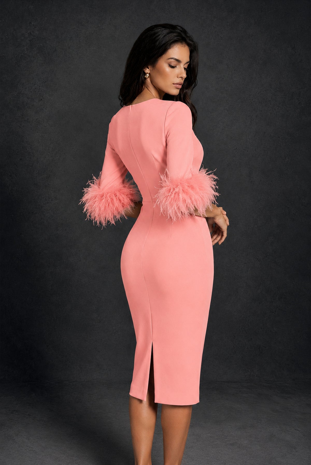 BOLODOO Coral Ostrich Feather Cuff 3/4 Sleeve Round Neck Bodycon Midi Dress with Back Slit - Coral