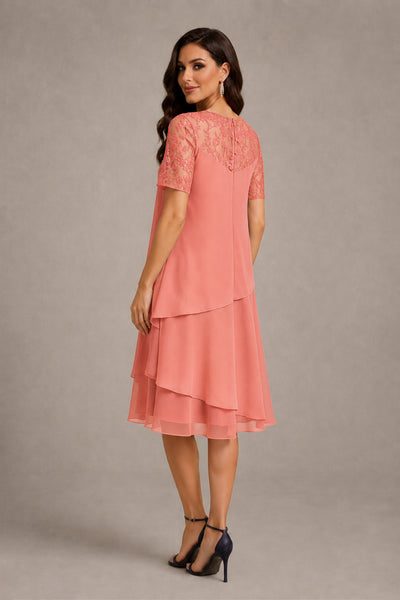 BOLODOO Coral Illusion Lace Short Sleeve Tiered Chiffon Tea Length Dress | Mother of the Bride Midi Dress - Coral