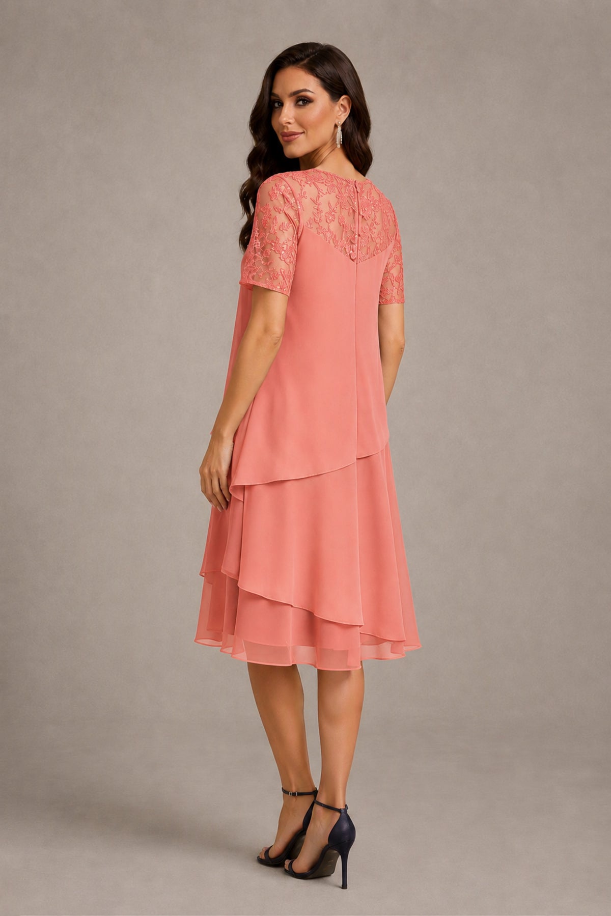 BOLODOO Coral Illusion Lace Short Sleeve Tiered Chiffon Tea Length Dress | Mother of the Bride Midi Dress - Coral
