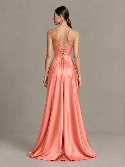 BOLODOO Coral Strapless Satin High-Slit Lace-Up Prom Dress - Coral - Coral_2