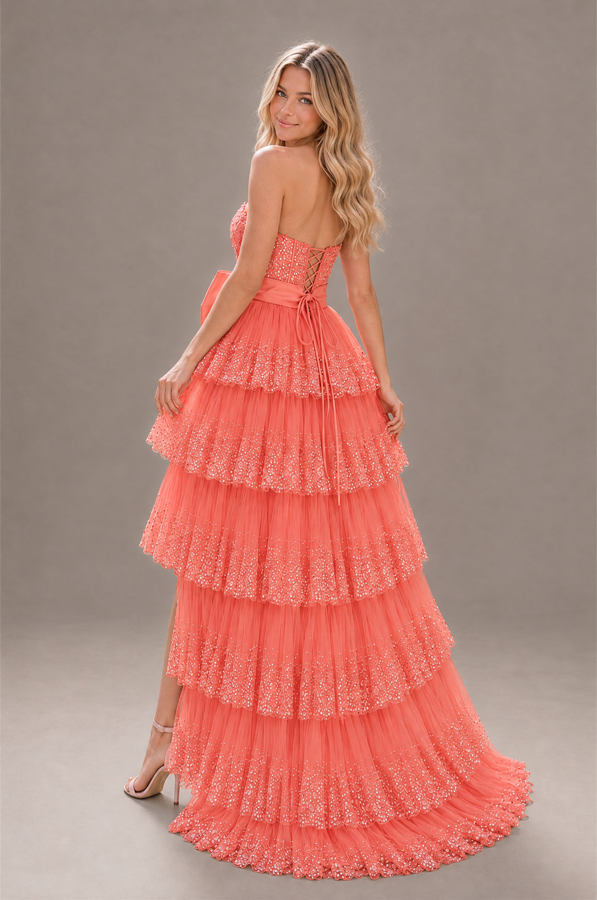 BOLODOO Coral Strapless Tiered Tulle Prom Dress with Bow - Coral - Coral_2